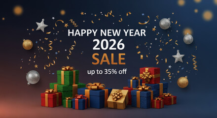 Happy new year 2026 sale promotion with gift boxes and confetti