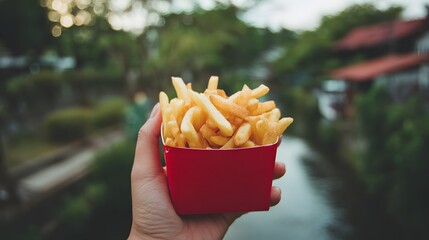 Person holds up a red container filled with fried potato sticks outdoors near water