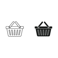 Two shopping baskets one outline one filled black icon for commerce and retail