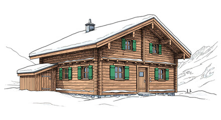 Wooden chalet in snowy landscape with green shutters and chimney  