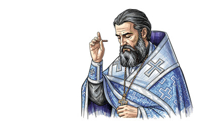 Orthodox priest praying with crucifix on white background  