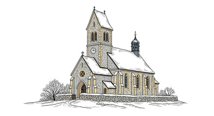 Snow-covered church illustration in winter landscape setting  