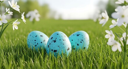 Three speckled blue easter eggs nestled in lush green grass with white flowers in the foreground and background, suggesting a spring holiday celebration