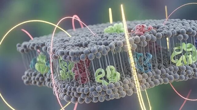 Detailed 3D rendering of a cellular membrane with embedded proteins and energy flow, illustrating biological processes at a microscopic level.