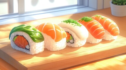 Beautiful closeup of Japanese sushi rolls on wooden board