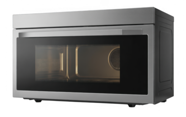Stainless steel microwave oven with glass door and interior light isolated on a transparent background