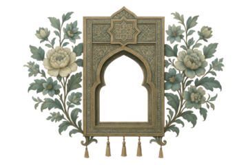 Elegant ornate arch frame with intricate islamic patterns and lush floral arrangements, classic vintage style decor