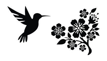 Obraz premium Silhouette of a hummingbird flying near a flowering branch design