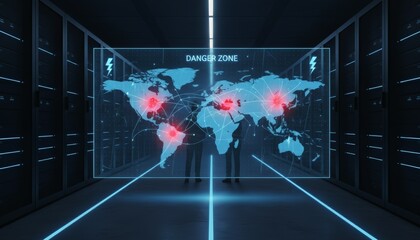 Cybersecurity experts stand in a data center, analyzing a holographic map of the world displaying interconnected red danger zones, representing global network threats and technical issues