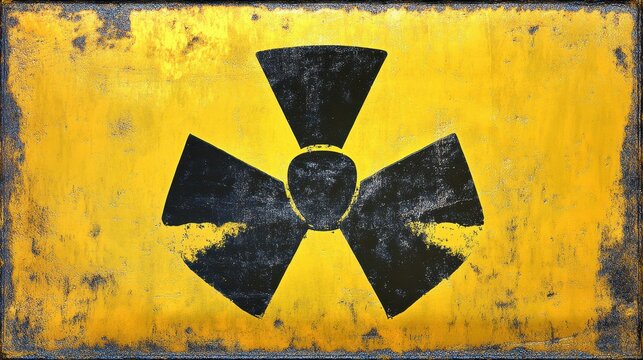 A stark black biohazard symbol stands out against a weathered bright yellow background conveying a message of radiation danger and toxicity