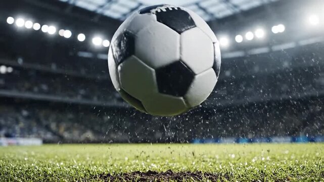Soccer ball splashing on wet grass stadium lights.