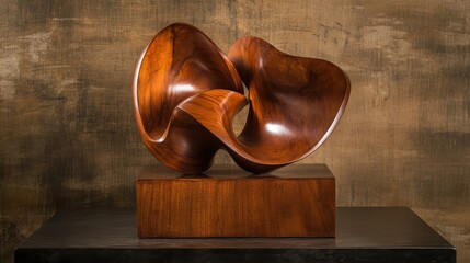 An abstract polished wooden sculpture with interlocking organic forms resting on a rectangular wooden base against a textured background