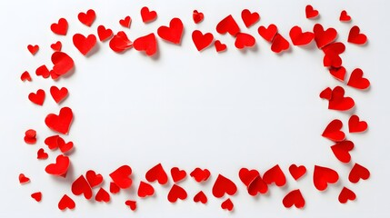 Numerous small red hearts are arranged in a rectangular frame shape on a white background