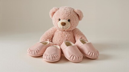 Fototapeta premium A pink teddy bear with baby shoes placed in front of it.