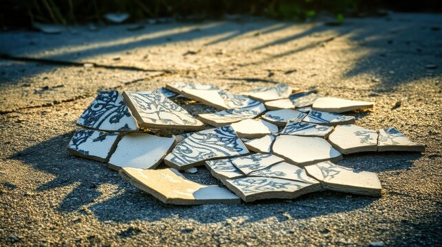 Broken ceramic tile mosaic fragments on a stone surface