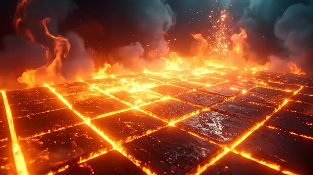 Fiery Grid: Molten Lava Flowing Between Tiled Blocks with Smoke and Intense Heat