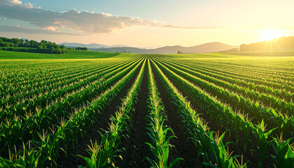 Rows of Young Corn Plants in a Field at Sunset with Golden Light agriculture farming