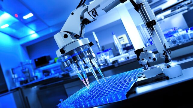 Automated robotic arm precisely dispensing liquid in a lab