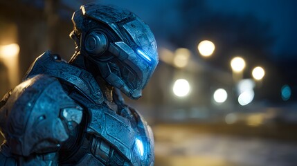 Futuristic armored figure stands illuminated by ambient lights in a dark setting