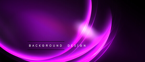 Vibrant purple abstract background. Smooth curves create dynamic light effects. Text reads background design. Modern, sleek presentation.