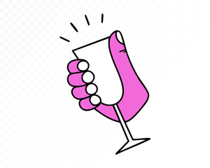 Pink hand holding a sparkling wine glass with celebration gesture, minimal modern illustration style perfect for party design, holiday decor and festive greetings. Vector illustration.