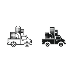 Two stylized icons of a pickup truck loaded with buildings one outlined and one solid black