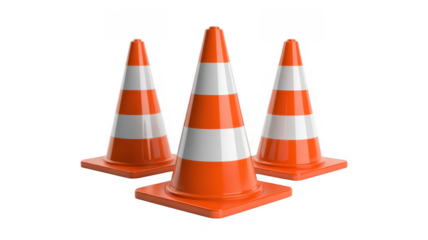 Three orange and white striped traffic cones isolated on a transparent background 1