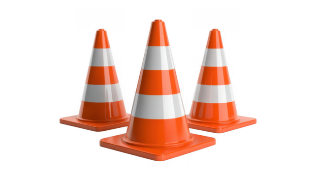Three orange and white striped traffic cones isolated on a transparent background 1