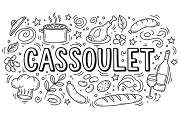 Fototapeta premium Cassoulet ingredients: sausage, duck, beans, wine, and herbs - hand-drawn culinary design