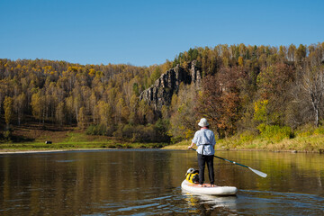 Experience a Serene Paddleboarding Adventure on a Tranquil River, beautifully surrounded by stunning Autumn Foliage, inviting you to explore natures peaceful landscapes and enjoy the scenery