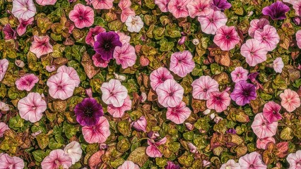 A dense floral pattern of pink, purple, and white flowers with greenish-brown leaves filling the image completely.