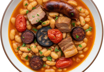 Hearty traditional spanish white bean stew with chorizo, morcilla, pork, and tomatoes, garnished with fresh parsley.