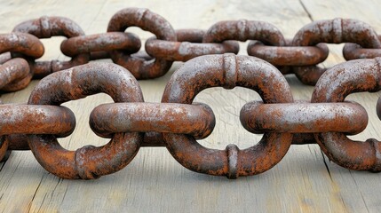 Fototapeta premium Close up of heavy rusty metal chain links on a wooden surface