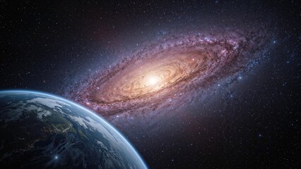 Obraz premium Earth viewed from space with the Milky Way galaxy in the background. Astronomy and universe exploration concept. The cosmos and celestial bodies.