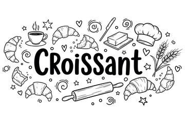 Croissant doodles with baking utensils and ingredients