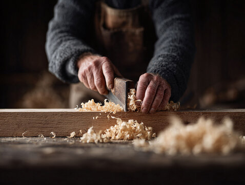 Closeup of weathered hands planing wood. Craftsmanship, skill, and dedication. Ideal for themes of woodworking, traditional trades, handmade, or artisanal work.