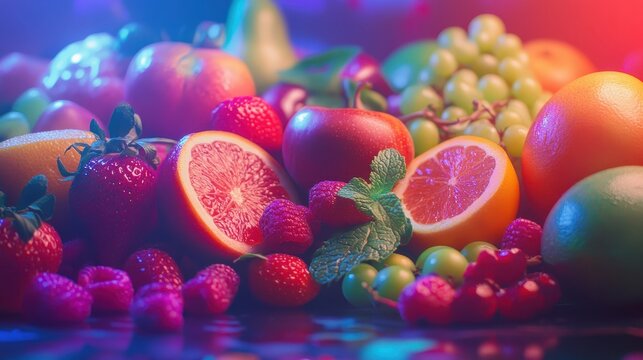 Close up of assorted fresh and colorful fruits with mint