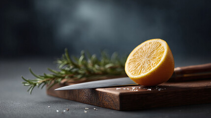 Moody culinary shot featuring a lemon half, rosemary sprig and knife on a wood cutting board. Use for food blogs, recipe illustrations, or healthy eating concepts.