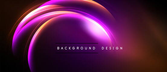 Abstract neon lights create glowing curves. Purple, orange hues blend against dark backdrop. Modern design element for digital projects.