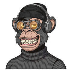 Cartoon Monkey with Beanie Hat and Headphones Illustration in Detailed Vector Style