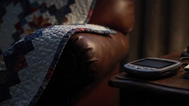 Comfortable armchair with patchwork quilt, inviting warm atmosphere