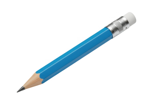 Blue wooden pencil with a white rubber eraser and silver metal ferrule, a versatile writing and drawing instrument