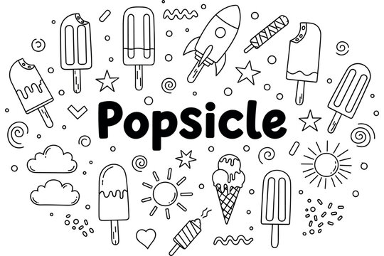 Popsicle doodle art with ice cream, rocket, and sun elements