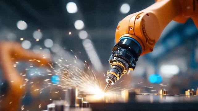 Robotics Welding in Factory:  A close-up shot of a robotic arm in action, performing precision welding in a modern factory setting. Witnessing the future of industry