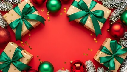 Christmas gifts, ornaments, fir branches, red festive background