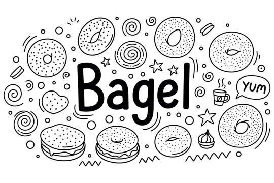 Doodle art of bagels with coffee and fun designs