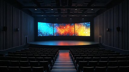Empty Modern Cinema Auditorium with Large Curved Screen Displaying Vibrant Abstract Digital Art, Ready for Event or Presentation