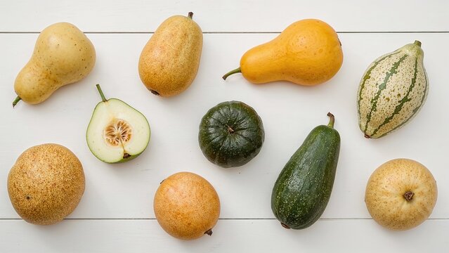 Various types of pears, melon, and zucchini arranged on a white surface.