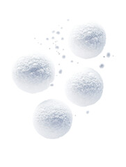 Five spherical snowballs in different sizes mid-air fall on transparent background