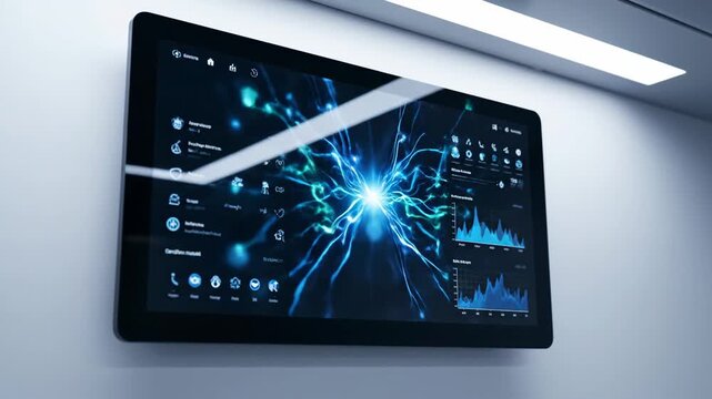 Blank interactive screen on a white wall, in a modern setting